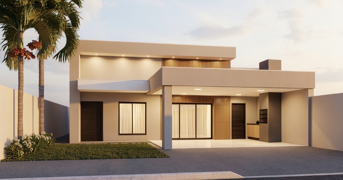 Fachada residencial com volumes claros, madeira e jardim com palmeiras